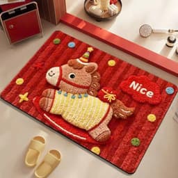 Thảm Lau Chân Lông Thêu Len Hình Ngựa Không Khí Tết Đỏ May Mắn Trang Trí Cửa Nhà Đầu Năm 1