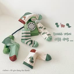 Set 5 đôi tất hình khủng long VINBEO Vớ coton cổ cao kẻ sọc ngang màu xanh lá cho bé 1-8 tuổi 2