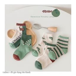 Set 5 đôi tất hình khủng long VINBEO Vớ coton cổ cao kẻ sọc ngang màu xanh lá cho bé 1-8 tuổi 3