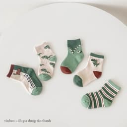 Set 5 đôi tất hình khủng long VINBEO Vớ coton cổ cao kẻ sọc ngang màu xanh lá cho bé 1-8 tuổi 8