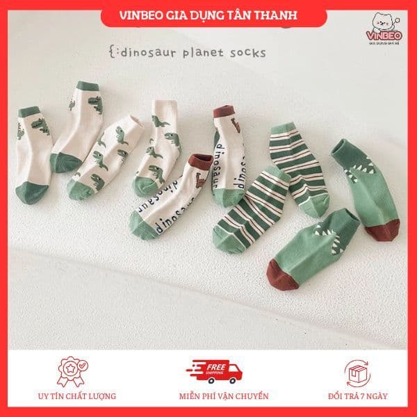 Set 5 đôi tất hình khủng long VINBEO Vớ coton cổ cao kẻ sọc ngang màu xanh lá cho bé 1-8 tuổi