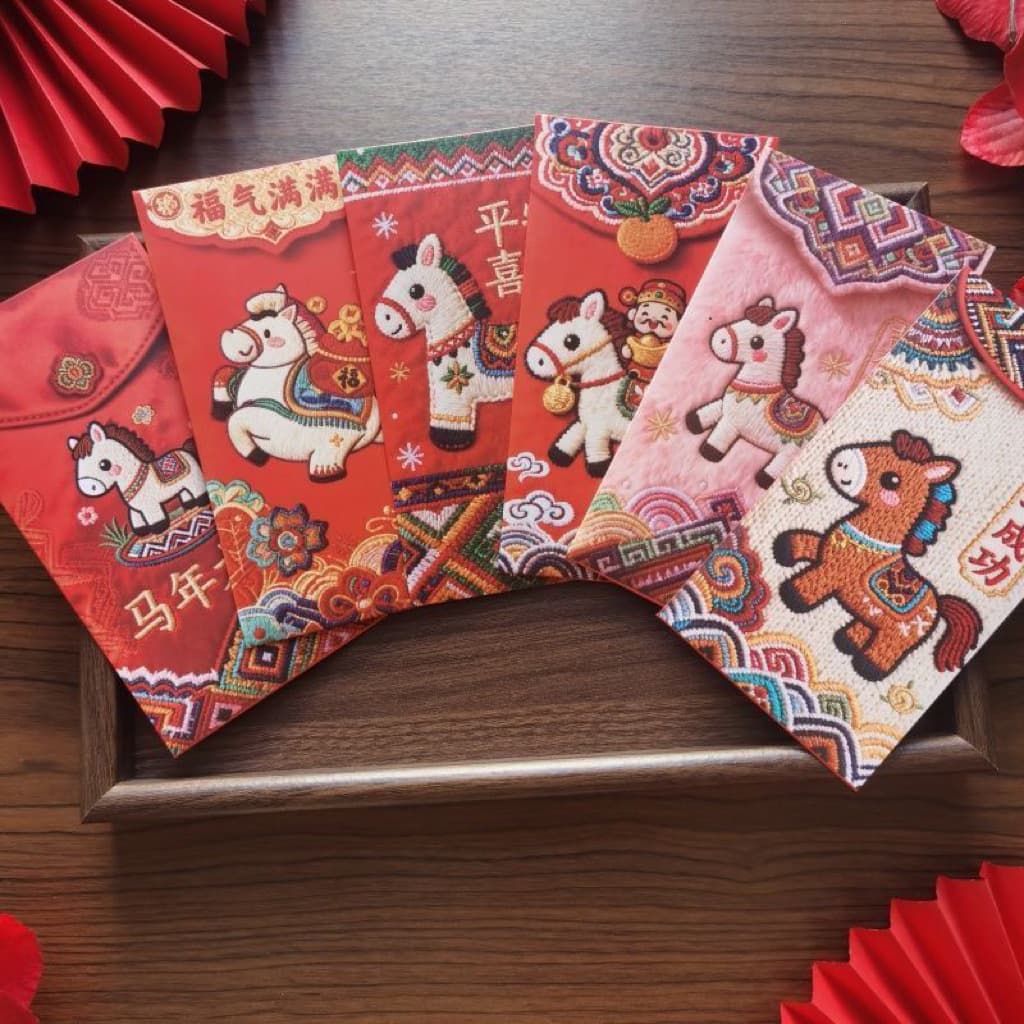 COMBO 6 Bao Lì Xì 3D Thêu Ngựa Tết 2026 - Hoạ Tiết Ngựa Thổ Cẩm