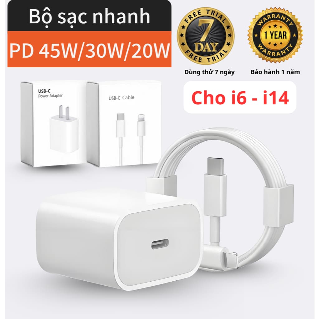 Bộ Sạc Nhanh (Củ PD45W/PD30W/PD20W+Dây 1m/1.5m/2m) - Bảo vệ thiết bị không nóng máy chống nổ -  An Toàn cho Điện Thoại