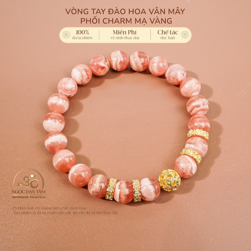 Ngọc Đan Tâm - Vòng Tay Đào Hoa Vân Mây 8mm 5A Phối Charm Đính Đá - Mệnh Thổ & Mệnh Hoả