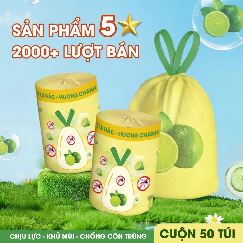 Túi Rác Có Dây Rút Hương Chanh Xả 50 Cuộn Chống Rò Rỉ Chịu Lực Tốt Khử Mùi Đuổi Muỗi Côn Trùng Tiện Lợi