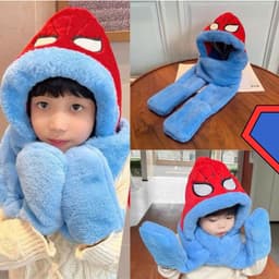 Mũ Trùm Đầu Cho Bé Hình Siêu Nhân Nhện Len Nỉ 3in1 Liền Khăn Và Bao Tay Giữ Ấm Mùa Lạnh 2