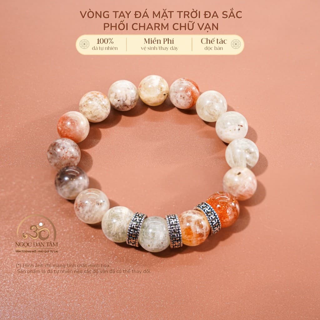 Ngọc Đan Tâm - Vòng Tay Đá Mặt Trời Đa Sắc 10mm Phối Charm Bạc Chữ Vạn - Đa Mệnh
