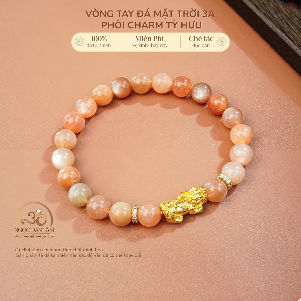 Ngọc Đan Tâm - Vòng Tay Đá Mặt Trời 7mm 3A Phối Charm Tỳ Hưu - Mệnh Thổ & Mệnh Hoả