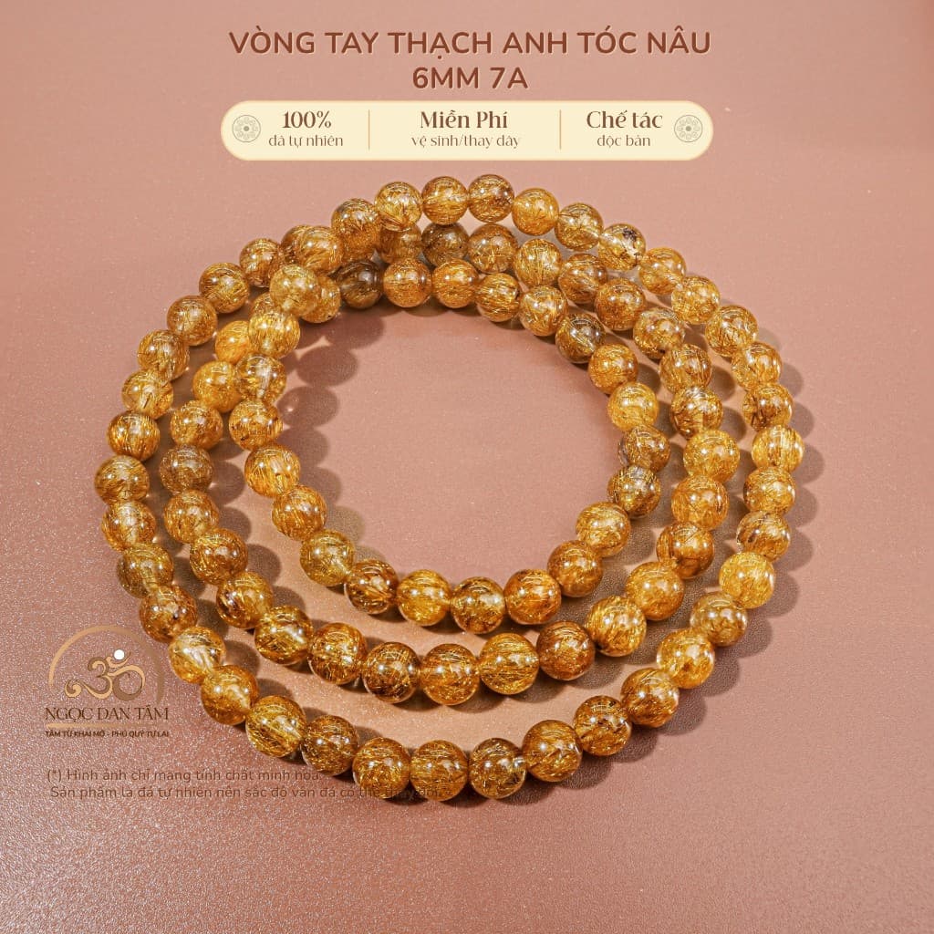 Ngọc Đan Tâm - Chuỗi Vòng Tay Thạch Anh Tóc Nâu 6mm 7A - Mệnh Thổ & Mệnh Kim
