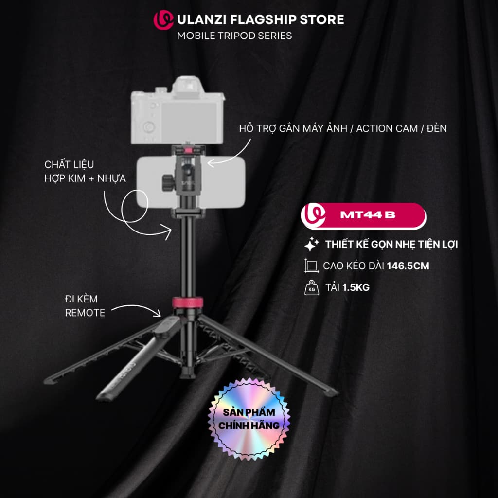 Ulanzi MT44 B Chân máy kiêm gậy selfie có Bluetooth không dây dành cho điện thoại chính hãng