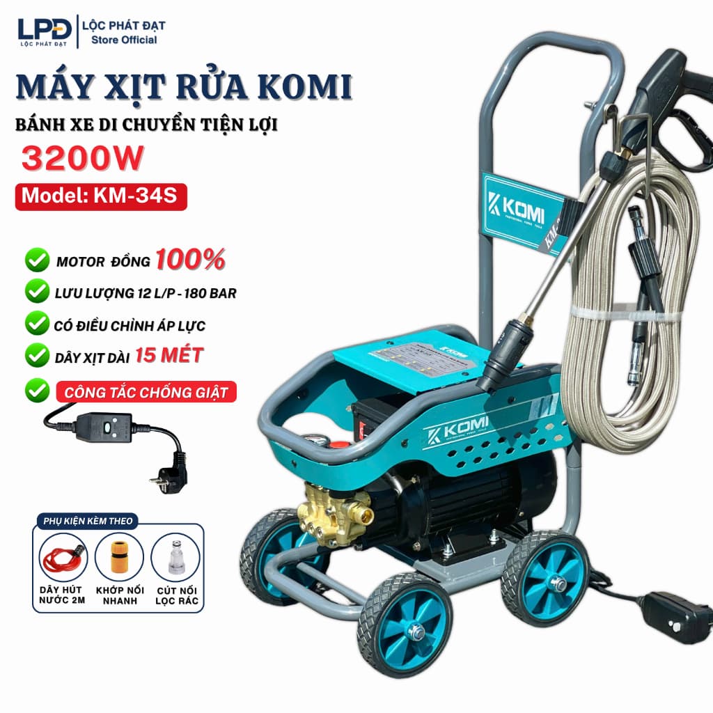 Máy Rửa Xe 3200W KOMI KM-34S lõi đồng 100% có bánh xe di chuyển tiện lợi, lưu lượng 11L/p có CB chống giật BH 12 tháng