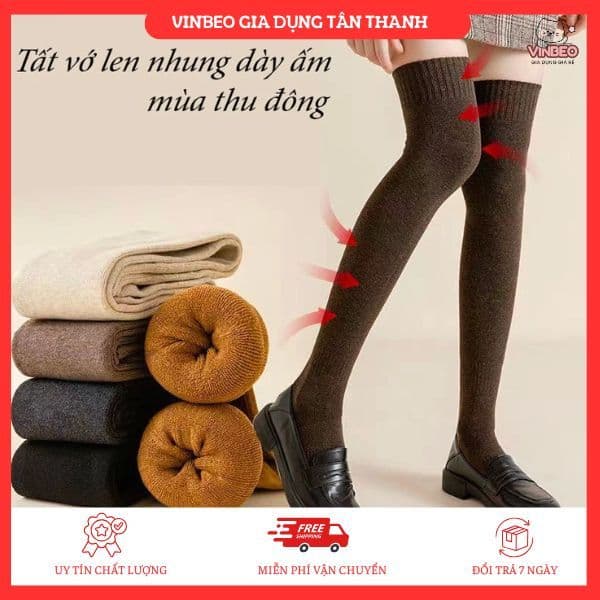 Tất vớ Đùi len nhung dày ấm mùa thu đông,Tất dài qua đầu gối phong cách Nhật Bản nữ VINBEO