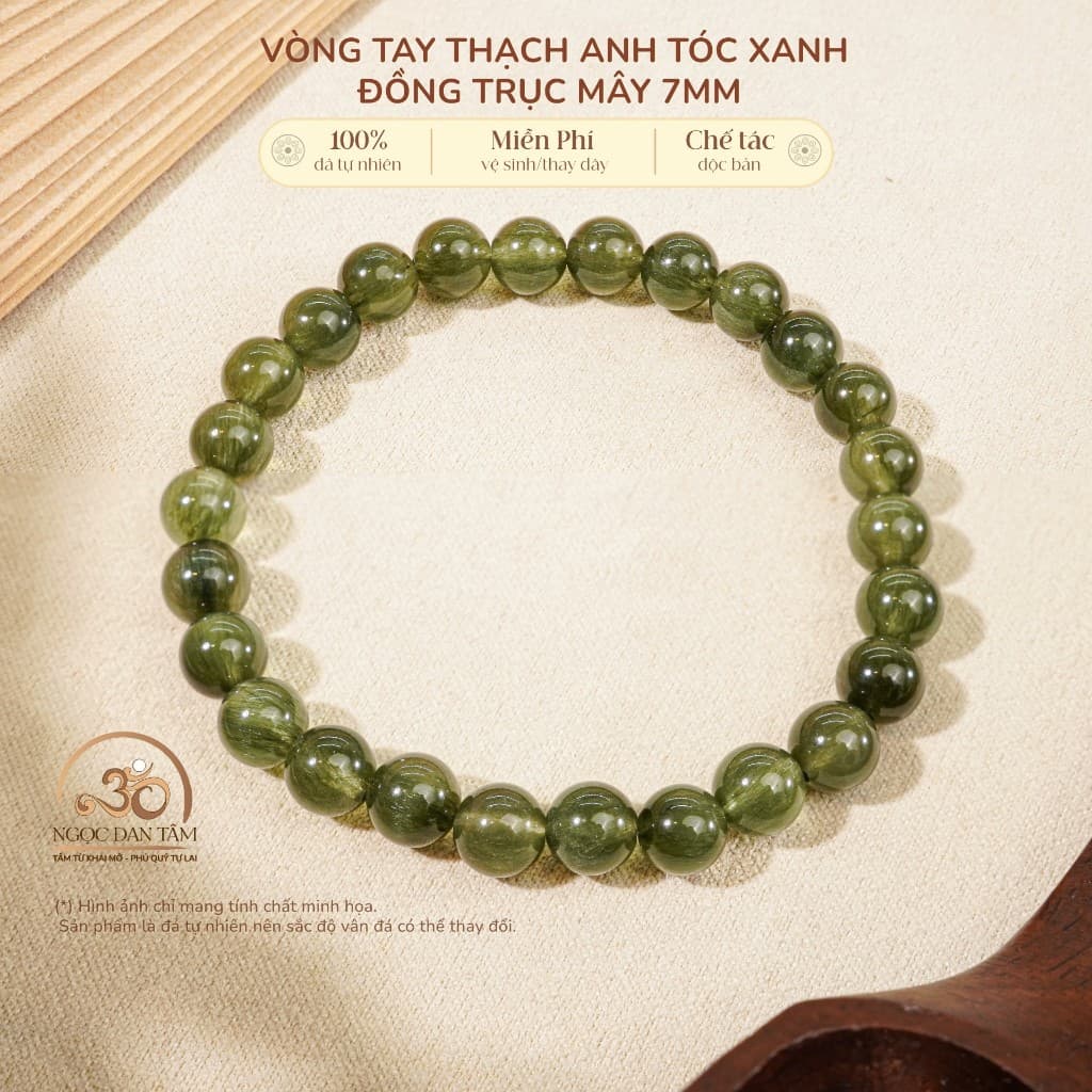 Ngọc Đan Tâm - Vòng Tay Thạch Anh Tóc Xanh Đồng Trục Mây 7mm - Mệnh Mộc & Mệnh Hoả