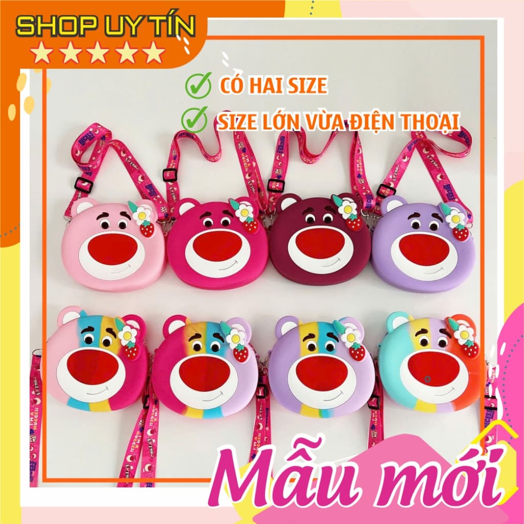 Túi xách đeo chéo silicon hình gấu dâu lotso, thời trang dễ thương bạn gái đựng mỹ phẩm, điện thoại
