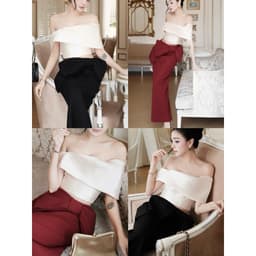 [MMUSE STORE] VIDEO - Set áo trễ vai croptop chân váy nơ eo dáng dài sang trọng 1