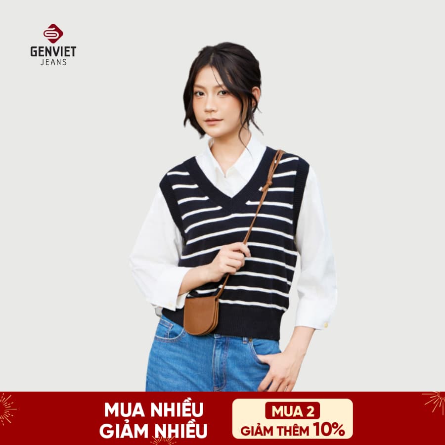 [ẨN] Áo Gile Len Nữ GENVIET JEANS Cổ V Thanh Lịch Thiết Kế Basic 9067
