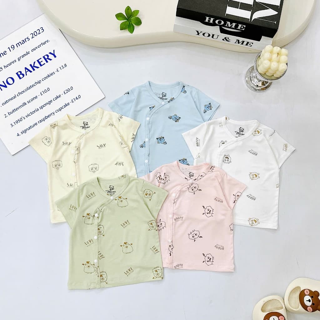 Combo 3-5 Áo Sơ Sinh Cộc Tay Mazakids Khuy Bấm, Chất Vải Petit Mềm Mỏng Mát Cho Bé Sơ Sinh