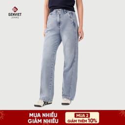 Quần jean nữ suông vừa ống rộng GENVIET JEANS cạp cao vải denim co giãn giấu bụng che chân dễ phối đồ 8736 1