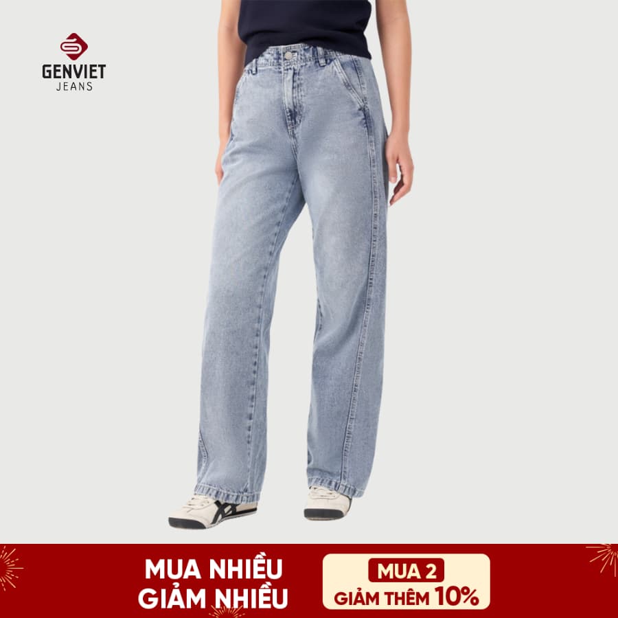 Quần jean nữ suông vừa ống rộng GENVIET JEANS cạp cao vải denim co giãn giấu bụng che chân dễ phối đồ 8736