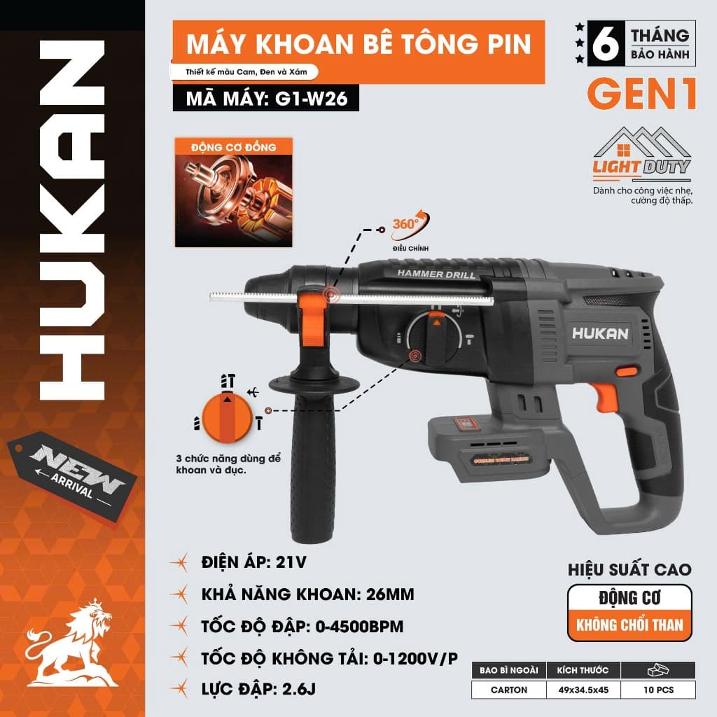 Máy khoan bê tông pin 3 chức năng HUKAN G1-W26, Lực đập 2.6J, Motor không chổi than - Chân phổ thông