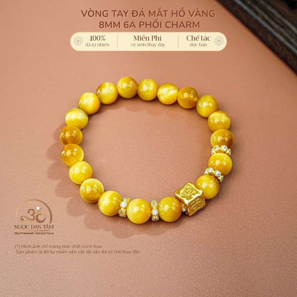 Ngọc Đan Tâm - Vòng Tay Đá Mắt Hổ Vàng 8mm 6A Phối Charm Vuông - Mệnh Kim & Mệnh Thổ
