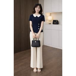 [VT250637] Set Công Sở Nữ Áo Cổ Sen Phối Cúc Ngọc Xanh Navy Quần Suông Trắng Dài Thanh Lịch Cao Cấp Tôn Dáng 2