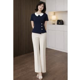 [VT250637] Set Công Sở Nữ Áo Cổ Sen Phối Cúc Ngọc Xanh Navy Quần Suông Trắng Dài Thanh Lịch Cao Cấp Tôn Dáng 4