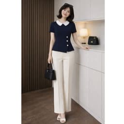 [VT250637] Set Công Sở Nữ Áo Cổ Sen Phối Cúc Ngọc Xanh Navy Quần Suông Trắng Dài Thanh Lịch Cao Cấp Tôn Dáng 3