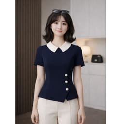 [VT250637] Set Công Sở Nữ Áo Cổ Sen Phối Cúc Ngọc Xanh Navy Quần Suông Trắng Dài Thanh Lịch Cao Cấp Tôn Dáng 6