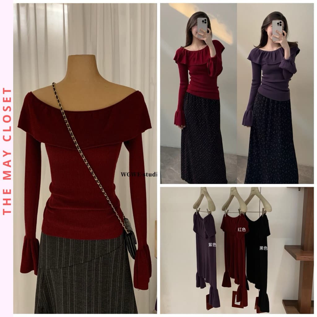 𝑨𝒏𝒏 𝑺𝒕𝒖𝒅𝒊𝒐   𝐖𝐆𝐖𝐄/ Áo Len Trễ Vai Nữ Viền Bèo Tay Loe WG.WE 8190 Form Ôm Tôn Dáng Tiểu Thư Sang Trọng