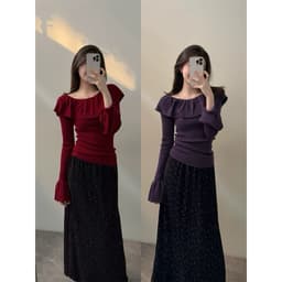 𝑨𝒏𝒏 𝑺𝒕𝒖𝒅𝒊𝒐   𝐖𝐆𝐖𝐄/ Áo Len Trễ Vai Nữ Viền Bèo Tay Loe WG.WE 8190 Form Ôm Tôn Dáng Tiểu Thư Sang Trọng 8