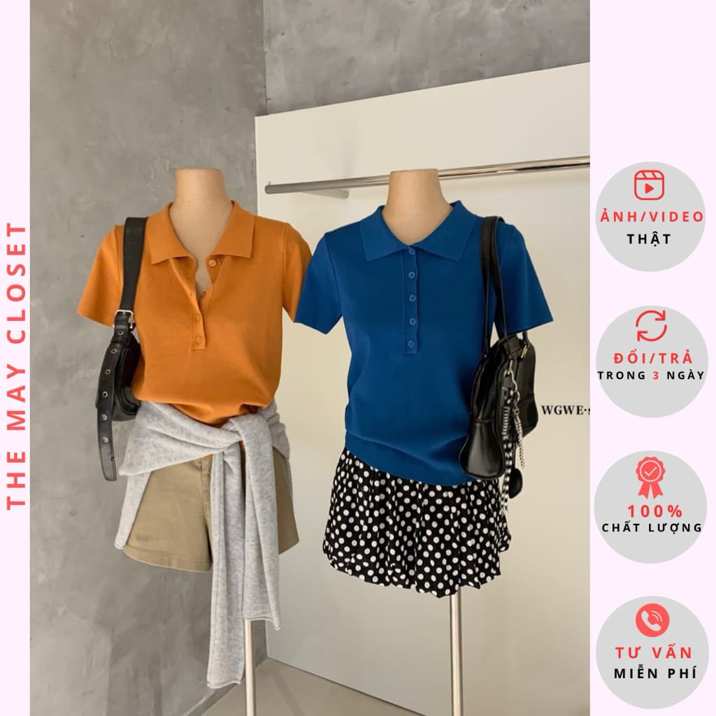 𝑨𝒏𝒏𝑺𝒕𝒖𝒅𝒊𝒐 [SẴN]𝐖𝐆𝐖𝐄/ Áo Len Mongtoghi Cổ Polo Phối Cúc WG.WE 8770, Áo Len Dệt Kim Nữ Cổ Bẻ Tay Ngắn Form Ôm