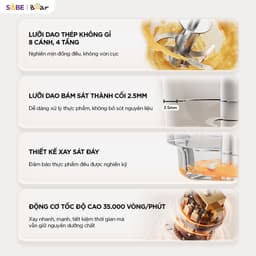 Máy Xay Ăn Dặm Bear BFM - 025JM, Dung Tích 0.3L - Công Suất 200w,  8 Lưỡi Dao Inox 316, Tích hợp cảm biến AI 7