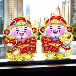 Set 2 Ông Thần Tài 2 Mặt Dán Cửa Kính, Tường, Trang Trí Decor TẾT Nhà Cửa Bằng Giấy Cứng 3D 3