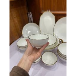 Bộ bát đĩa chén dĩa cao cấp Gốm Miu trắng mạ viền vàng sang trọng cao cấp 8