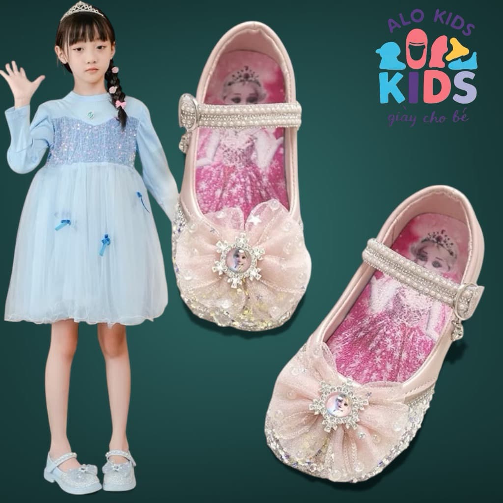 Giày Công Chúa Cho Bé Gái | Giày Elsa Lấp Lánh Đính Nơ | Giày Búp Bê Bé Gái Size 24–33