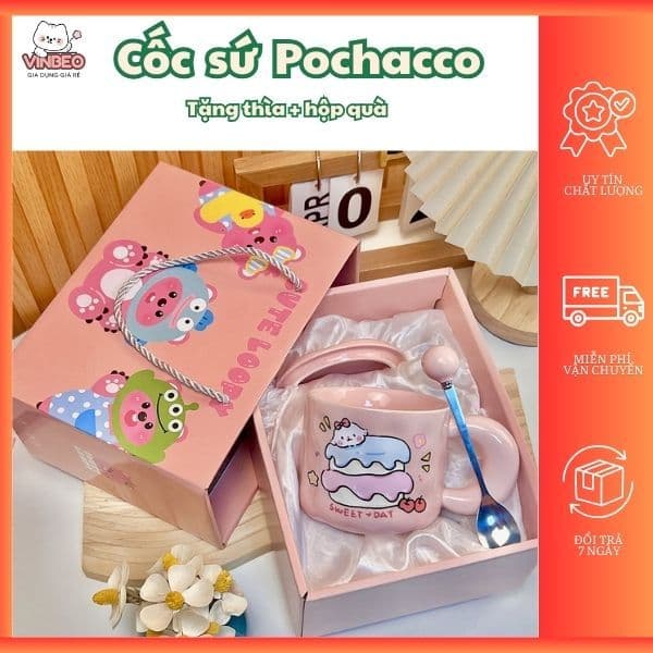 Cốc Sứ Có Nắp Kèm Thìa Pochacco Siêu Đáng Yêu - Kèm Hộp Xinh Tặng Sinh Nhật VINBEO