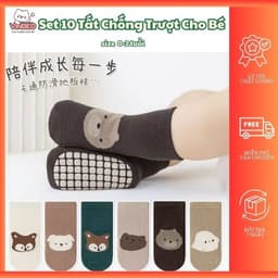 Set 10 Đôi Tất Chống Trượt Cho Bé Sz 0-2 Tuổi Thêu Hình Thú Hoạ Tiết Kẻ Dễ Thương VINBEO 1