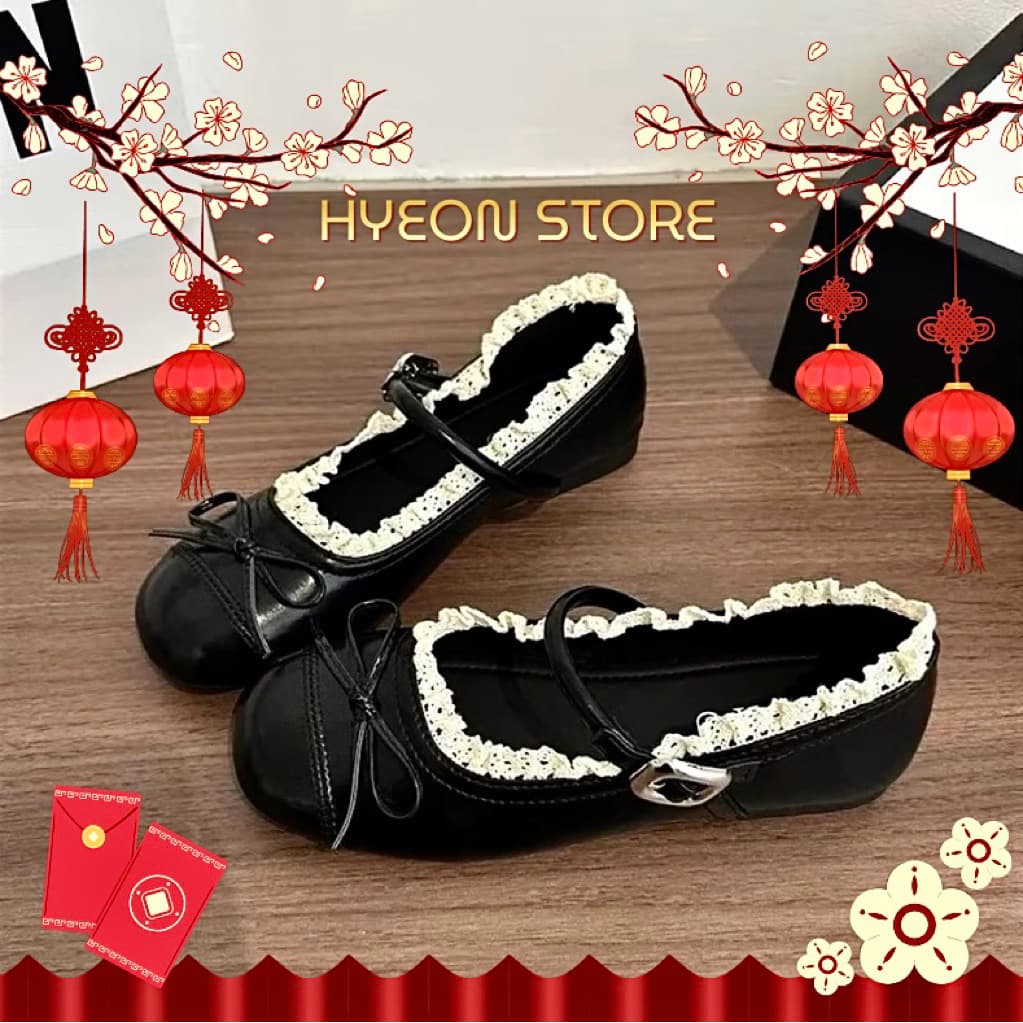 [HỎA TỐC]Giày Bệt Búp Bê Mary Jane Nữ Quai Ngang Phối Ren Nơ Xinh Xắn Đế Dẻo Chống Trơn HYEON B01