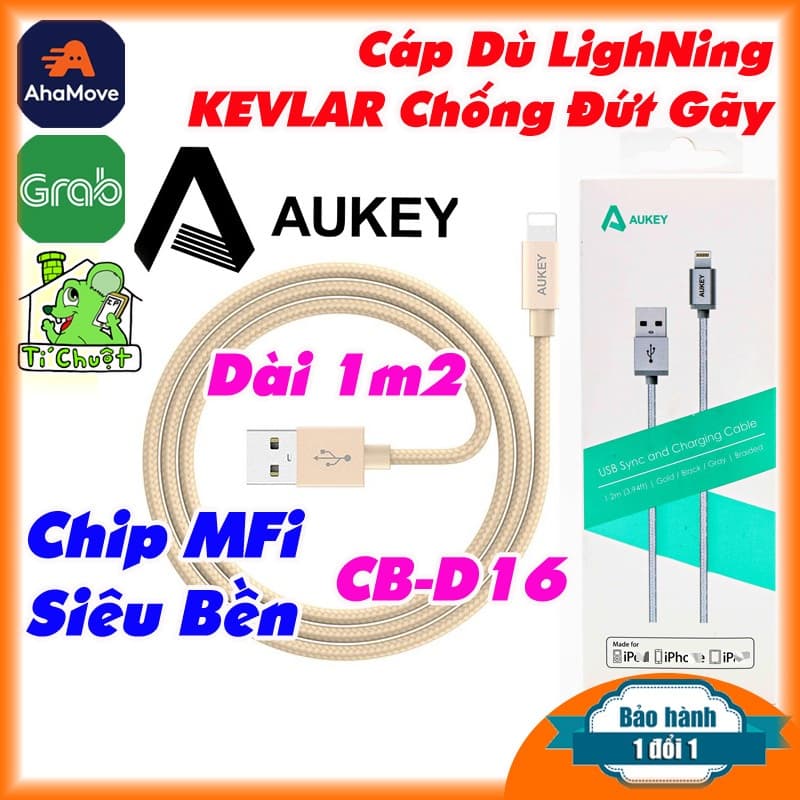 [Chính Hãng AUKEY-BH 12T] Cáp USB Li Ning M.F.i CB-D16 Dây Dù Kevlar Dài 1m2 Chống Gãy Đầu Hợp Kim Nhôm