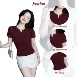 Áo Thun Nữ Ôm Body JUSTDUN E44 – Cổ Trụ Tàu Tay Ngắn, Vải Cotton Mềm Mịn Co Giãn 4 Chiều, Thoáng Mát 4