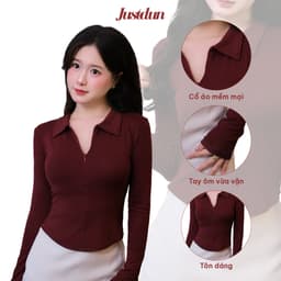 [Mở Bán] Áo Thun Nữ JUSTDUN 13A - Tay Dài, Ôm Body, Cổ Bẻ Phối Khóa Kéo, Dáng Vạt Bầu, Cotton Mịn 3