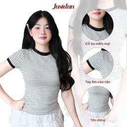 Áo Thun Ôm Body Kẻ Sọc Nữ JUSTDUN K5 - Chất Cotton Mịn, Co Giãn, Tôn Dáng, Thoải Mái 3