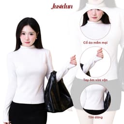 Áo Thun Ôm Body Nữ Giữ Nhiệt Tay Dài JUSTDUN G2 – Cổ Cao 3cm, Chất Nhung Mịn Dày Dặn, Co Giãn 3