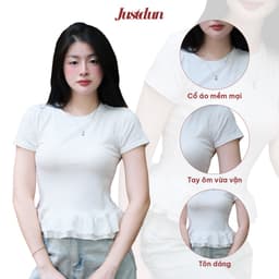 Áo Thun Ôm Body Nữ JUSTDUN E62 - Phối Vạt Bèo, Vải Cotton Mịn Êm Ái, Co Giãn Thoải Mái, Tôn Dáng 3