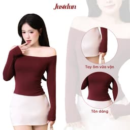 Áo Trễ Vai Tay Dài Nữ JUSTDUN D69 - Ôm Body, Basic, Cotton Mềm Mịn, Tôn Dáng, Thoáng Mát, Co Giãn 3