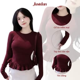 Áo Thun Nữ Dài Tay Ôm Body JUSTDUN 405 - Phối Viền Bèo Xinh, Cotton Mịn Cao Cấp, Tôn Dáng 3