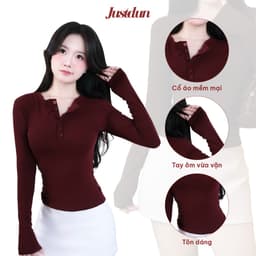 Áo Thun Nữ Dài Tay JUSTDUN Z12 -Thiết Kế Khuy Cúc Ngực, Cotton Mịn Êm Ái, Ôm Dáng, Co Giãn Thoải Mái 3