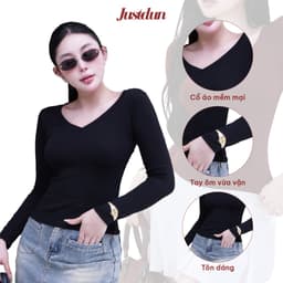 Áo Thun Nữ Cổ Tim Dài Tay JUSTDUN T28 - Ôm Body, Cotton Mềm Mại, Giữ Nhiệt, Co Giãn 4 Chiều 3