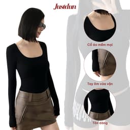 Áo Thun Nữ Cổ Vuông Dài Tay JUSTDUN E33 - Siêu Co Giãn, Cotton Mịn, Mềm Mại, Dày Dặn, Tôn Dáng 3